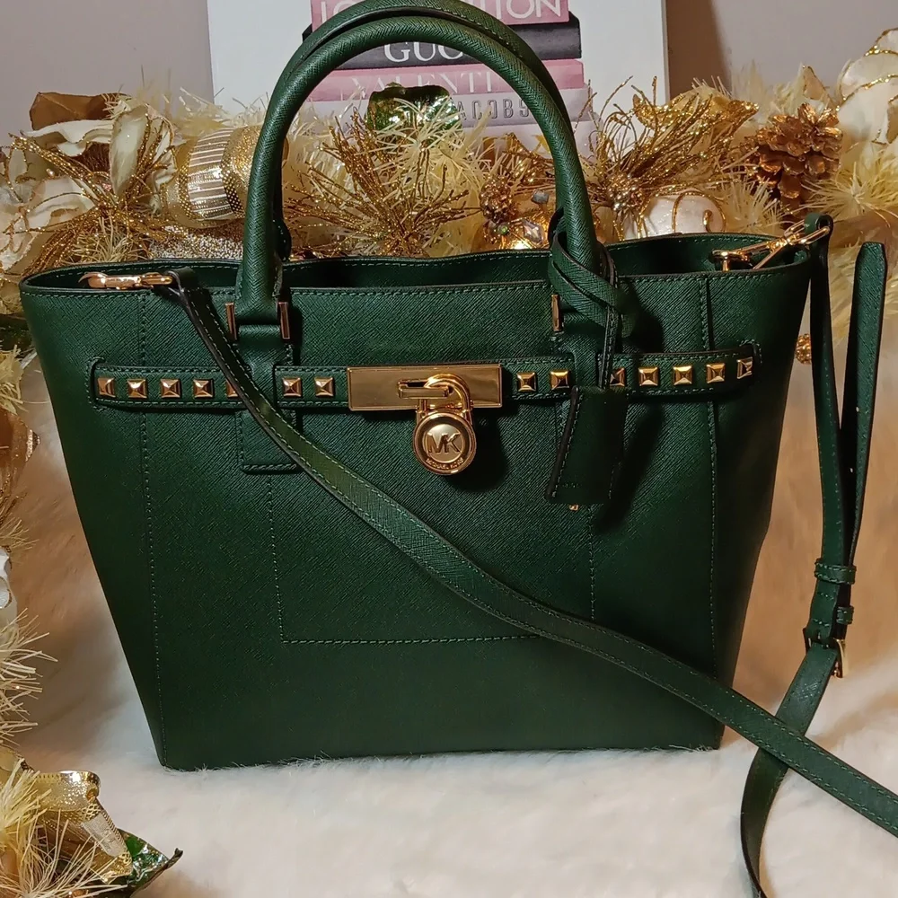 Michael Kors Hunter Green Traveler Studded Satchel Tote Bag - Picture 1 of 11